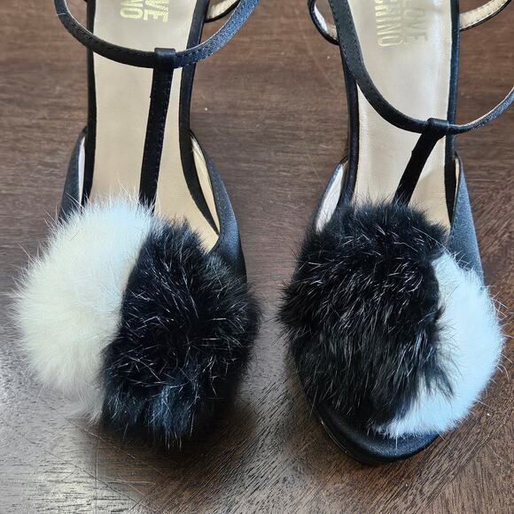 Love Moschino Satin Pom Pom Platform Heels Womens EU 37 US 7 Black Stiletto Y2K - Picture 4 of 12
